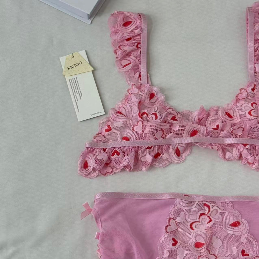 Mesh Heart Embroidery Hollow-Out Lingerie Set PinTow