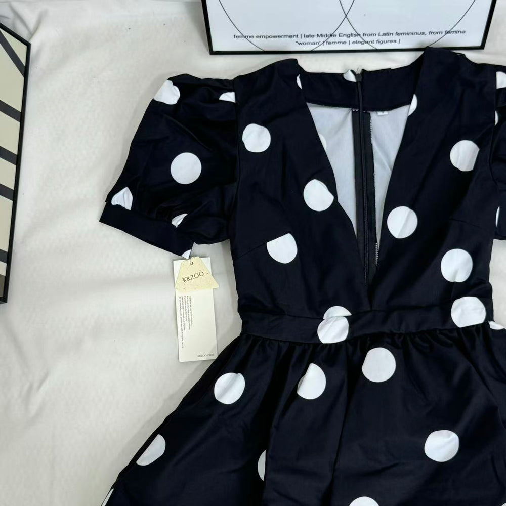 Printed Deep-V Polka-Dot A-Line Dress PinTow