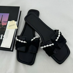 Black Bow-Detail Flat Slides PinTow