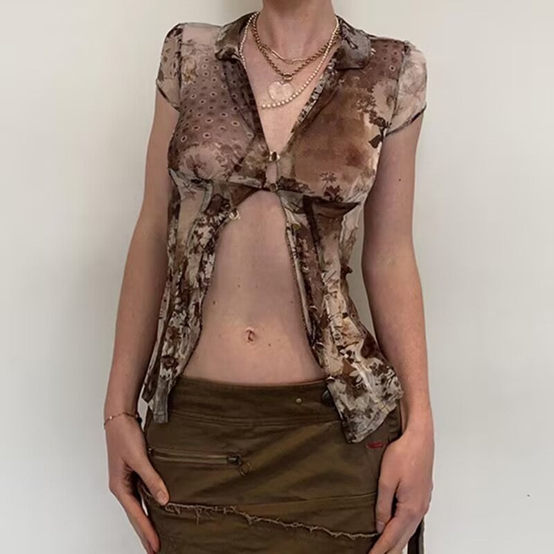 Vintage V Neck Mesh Print Short Sleeve Tee NewGew