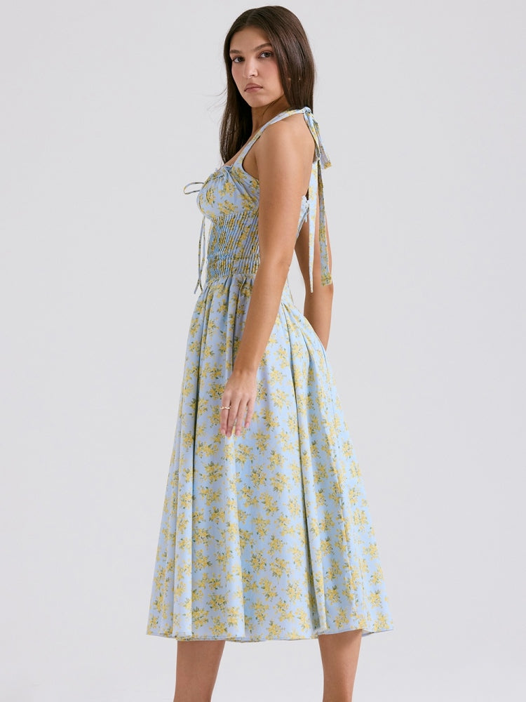 Soft Blue Vintage Floral Print Backless Tank Dress Newgew Dresses