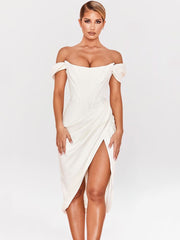 Cap Shoulder Corset Bodycon Midi Dress - White Newgew Dresses