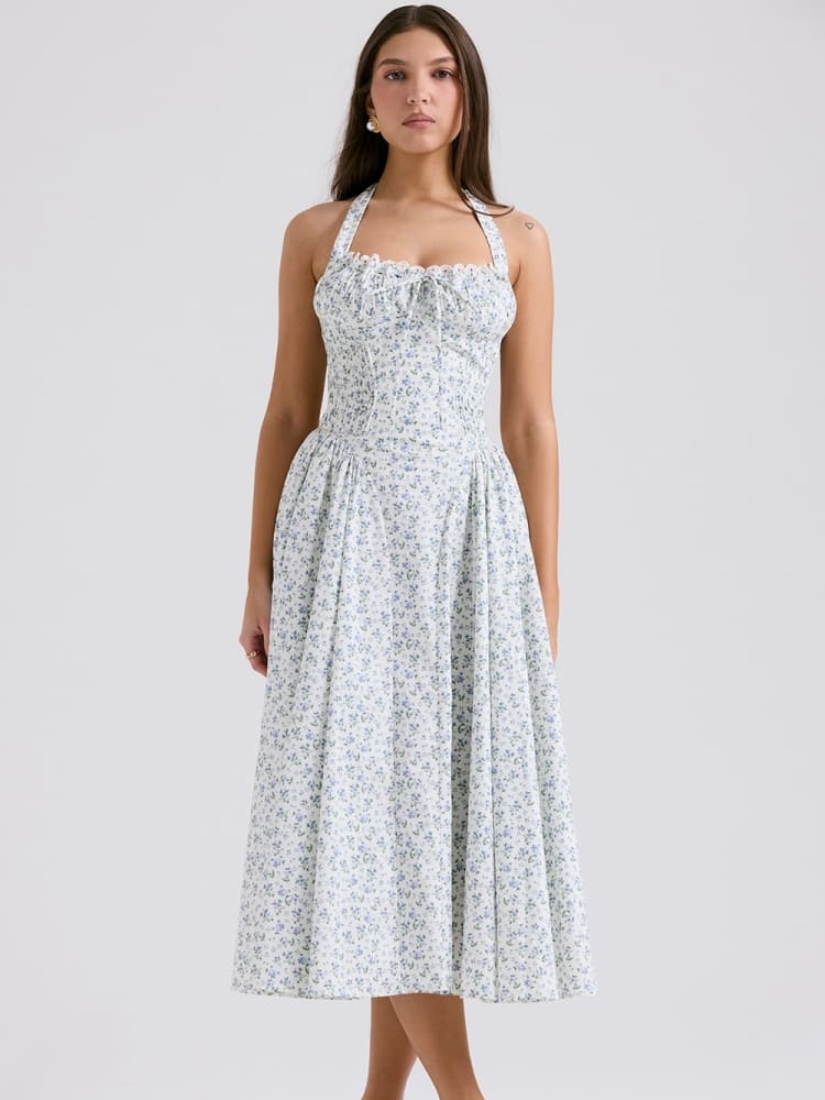 White Halter Backless Dress with Bluebell Floral Print Newgew Dresses