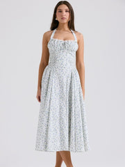 White Halter Backless Dress with Bluebell Floral Print Newgew Dresses
