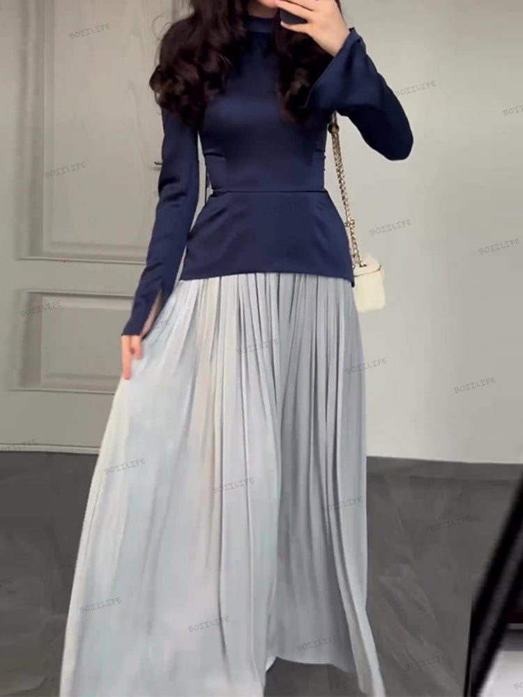 Color Block Splicing Slim Fit Lace-Up Long Sleeve Maxi Dress Newgew Dresses