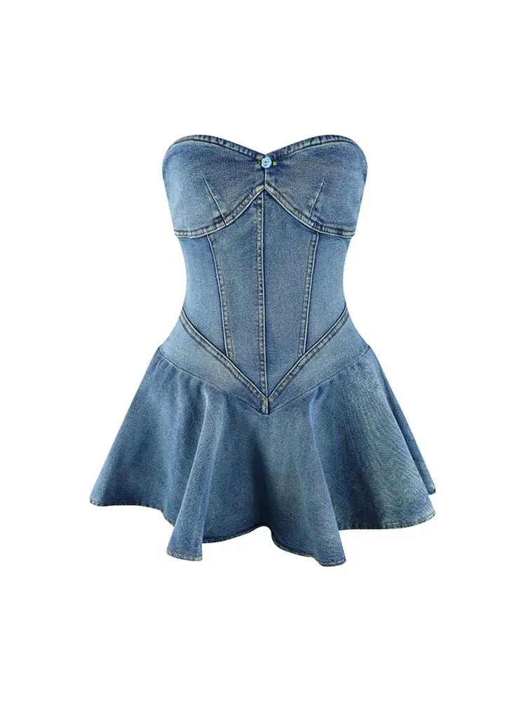 Strapless Ruffle Denim Dress Newgew Dresses