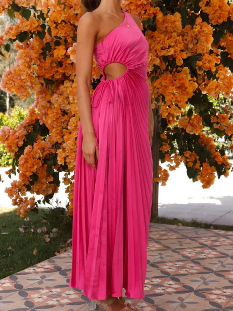 Pleated One-Shoulder Cut-Out Waist Gown Newgew Dresses