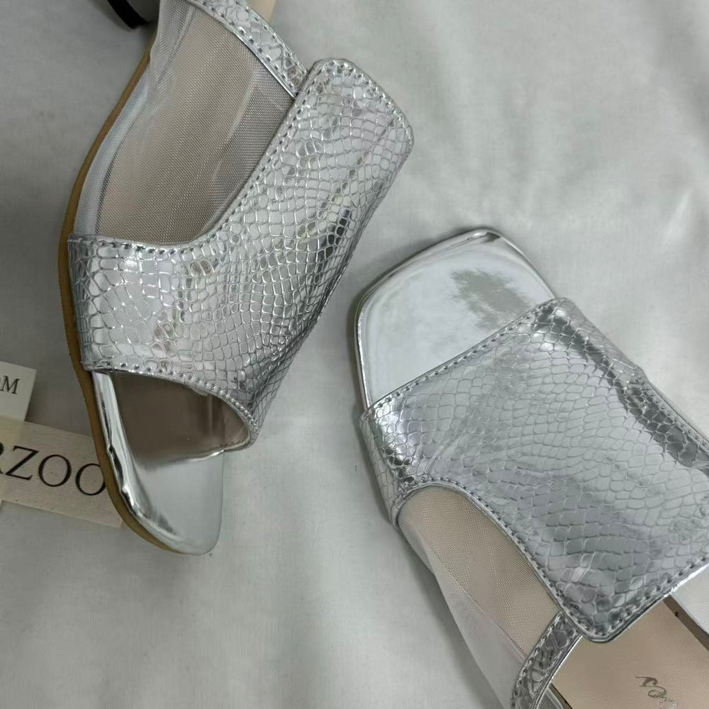 Mesh Chunky Heeled Open-Toe Sandals PinTow