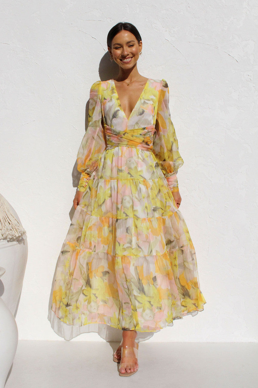 Painted Inspiration Floral Balloon Sleeves Maxi Dress Newgew Dresses
