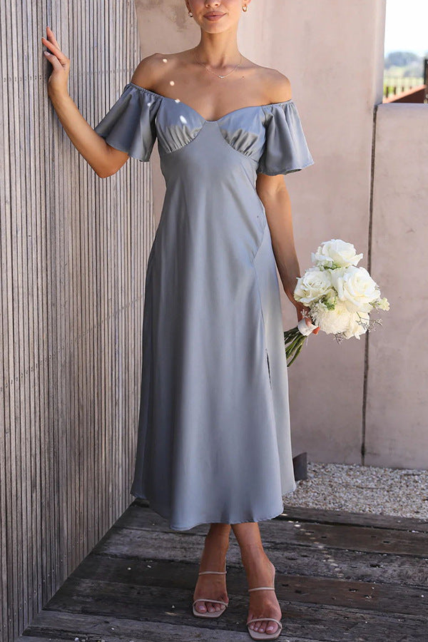 Side Split Midi Dress: Off The Shoulder Flutter Sleeve Newgew Dresses