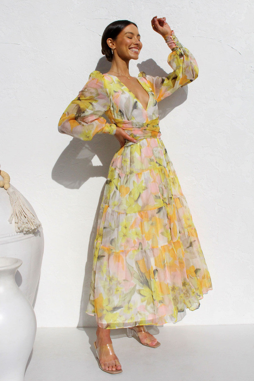 Painted Inspiration Floral Balloon Sleeves Maxi Dress Newgew Dresses
