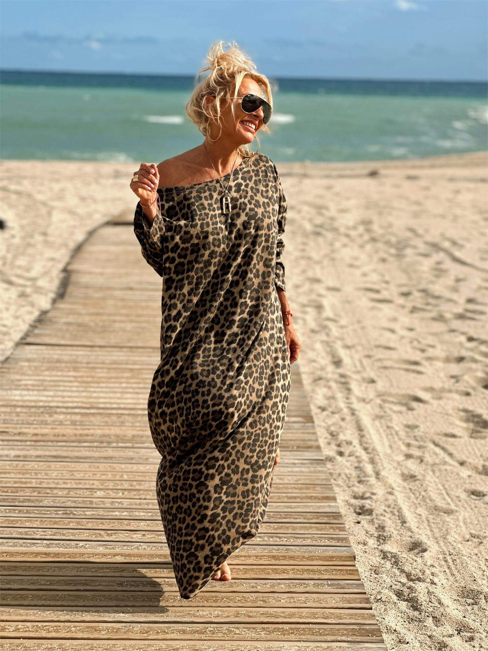 Camel Leopard Oversize Long Sleeve Dress Newgew Dresses
