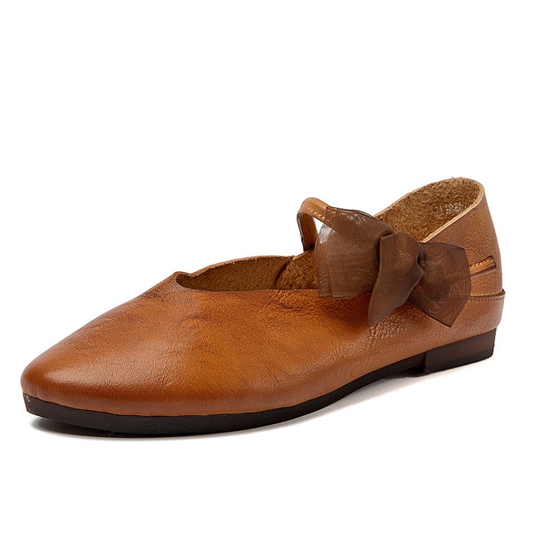 Almond Toe Bow Leather Ballet Flats Newgew Shoes