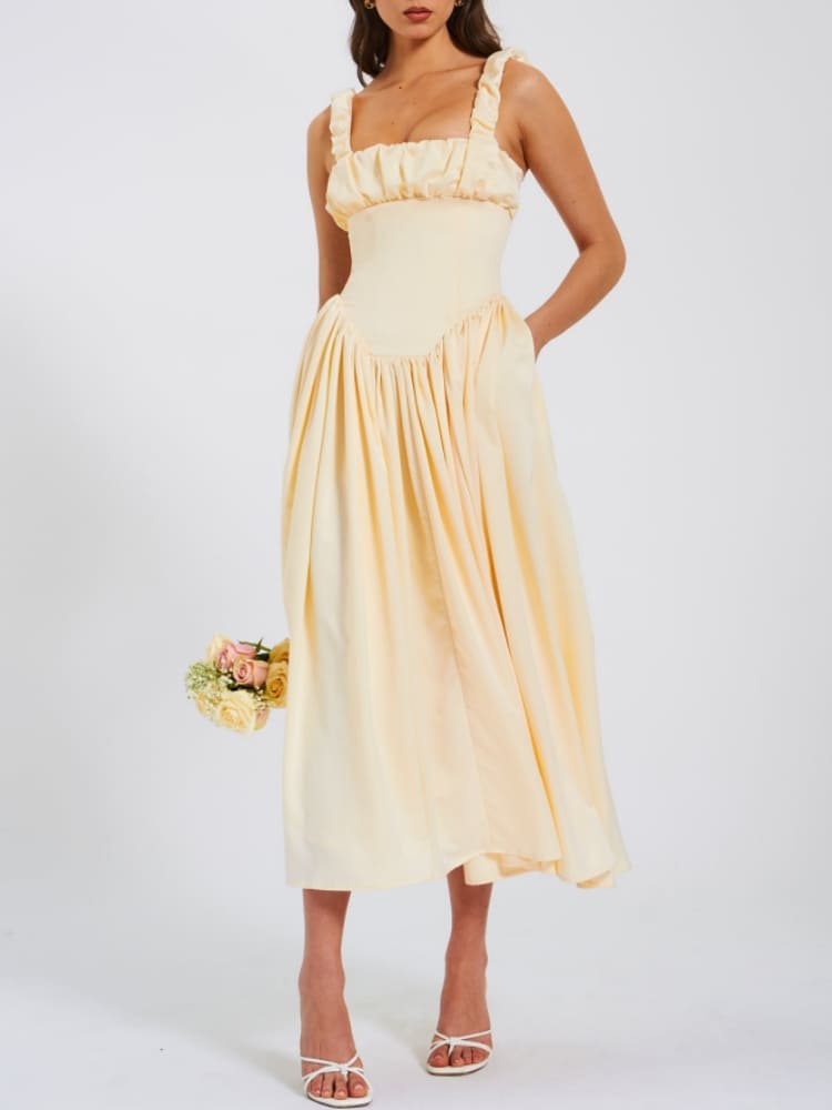 Noreen Pleated Strap Puffy Maxi Dress Newgew Dresses