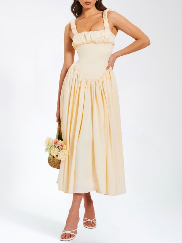 Noreen Pleated Strap Puffy Maxi Dress Newgew Dresses
