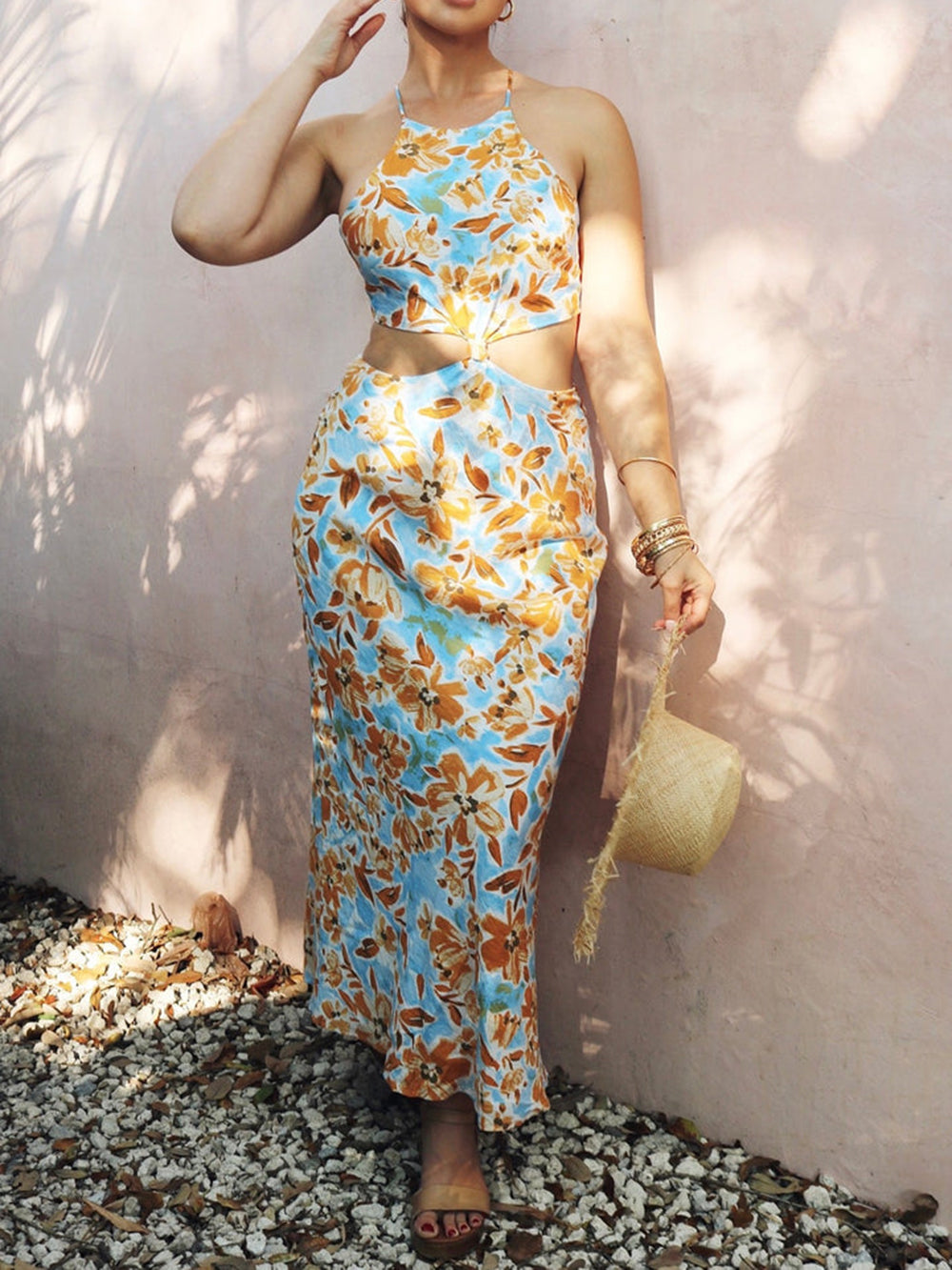Knotted Cut Out Midi Dress in Baby Blue and Orange Floral Newgew Dresses