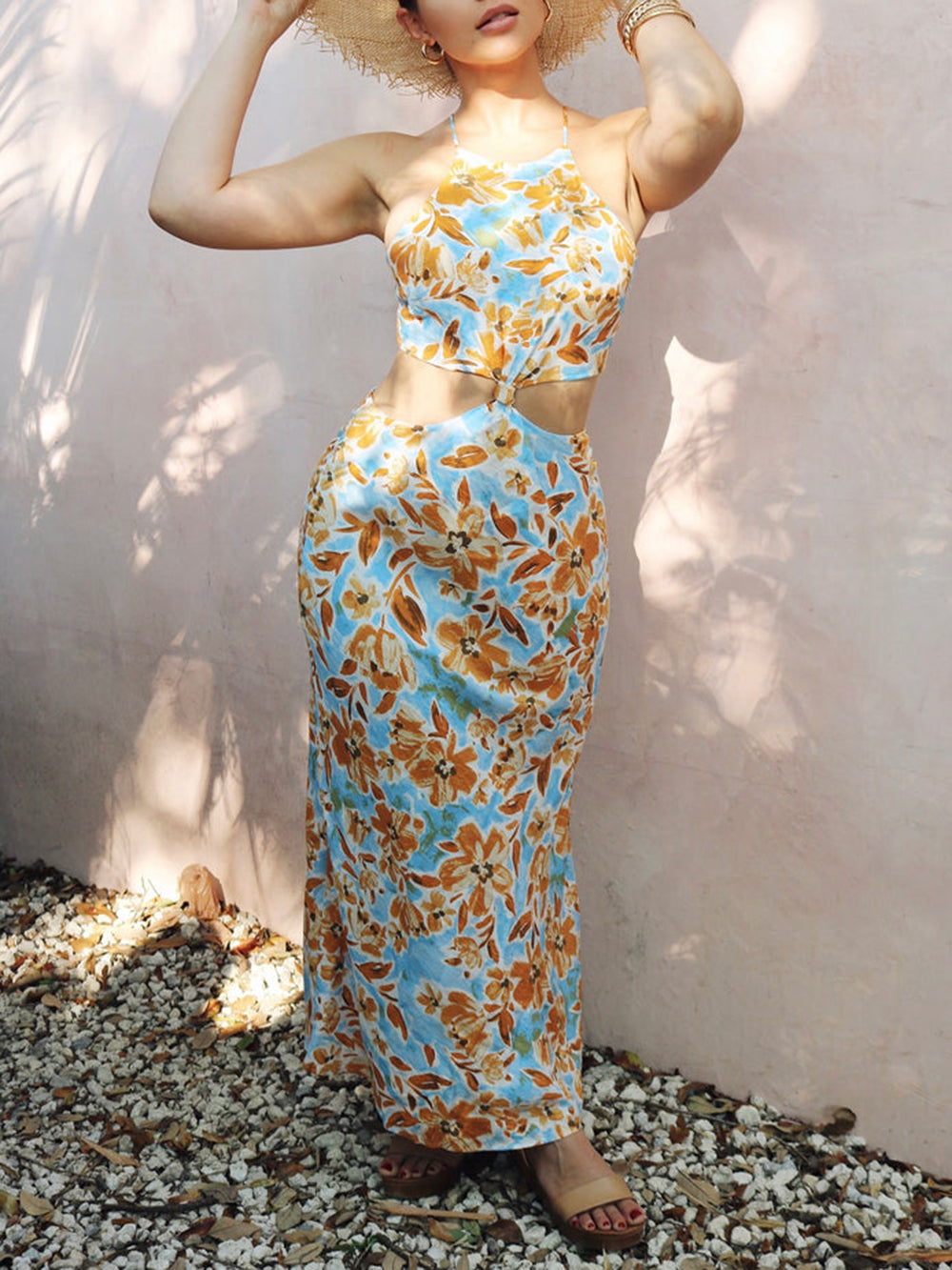 Knotted Cut Out Midi Dress in Baby Blue and Orange Floral Newgew Dresses