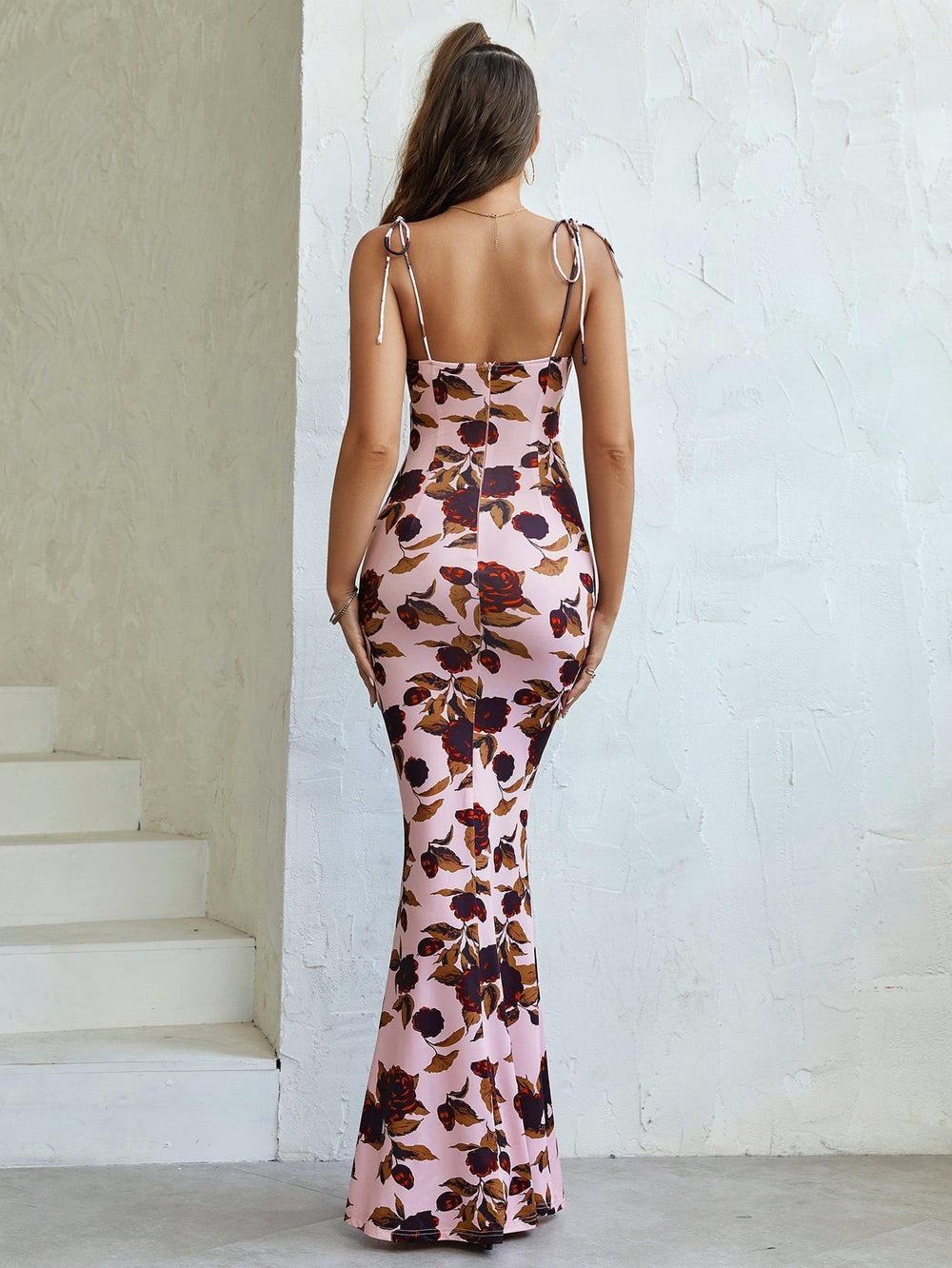 Tie Shoulder Fishtail Hem Floral Print Prom Dress Newgew Dresses