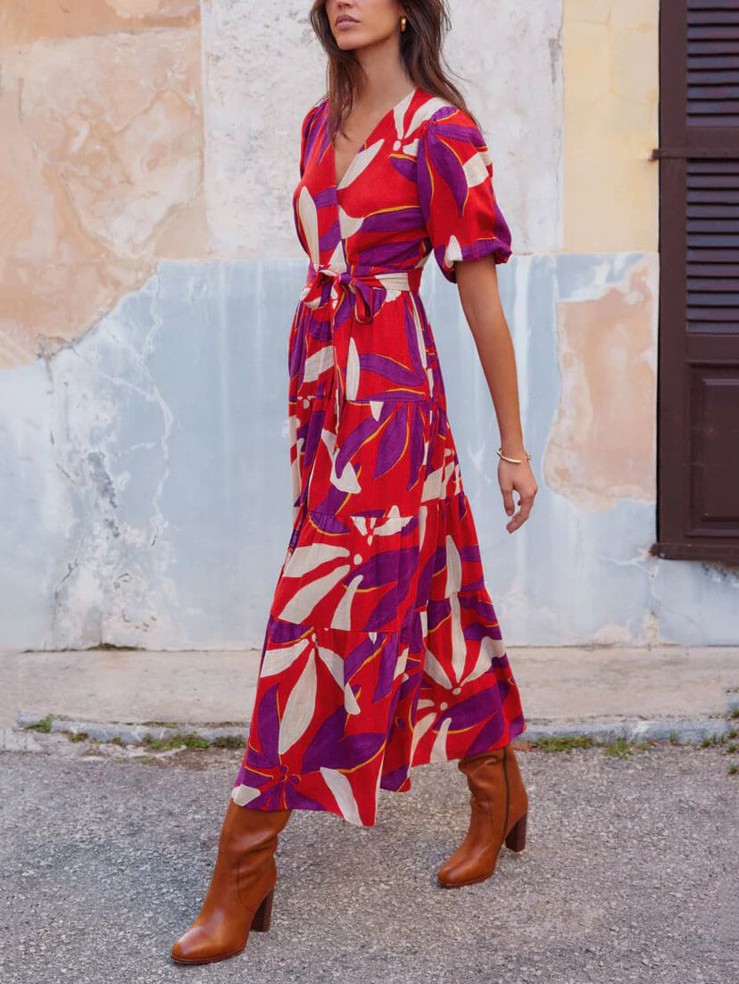 V-Neck Puff Sleeves Slit Printed Maxi Dress Newgew Dresses