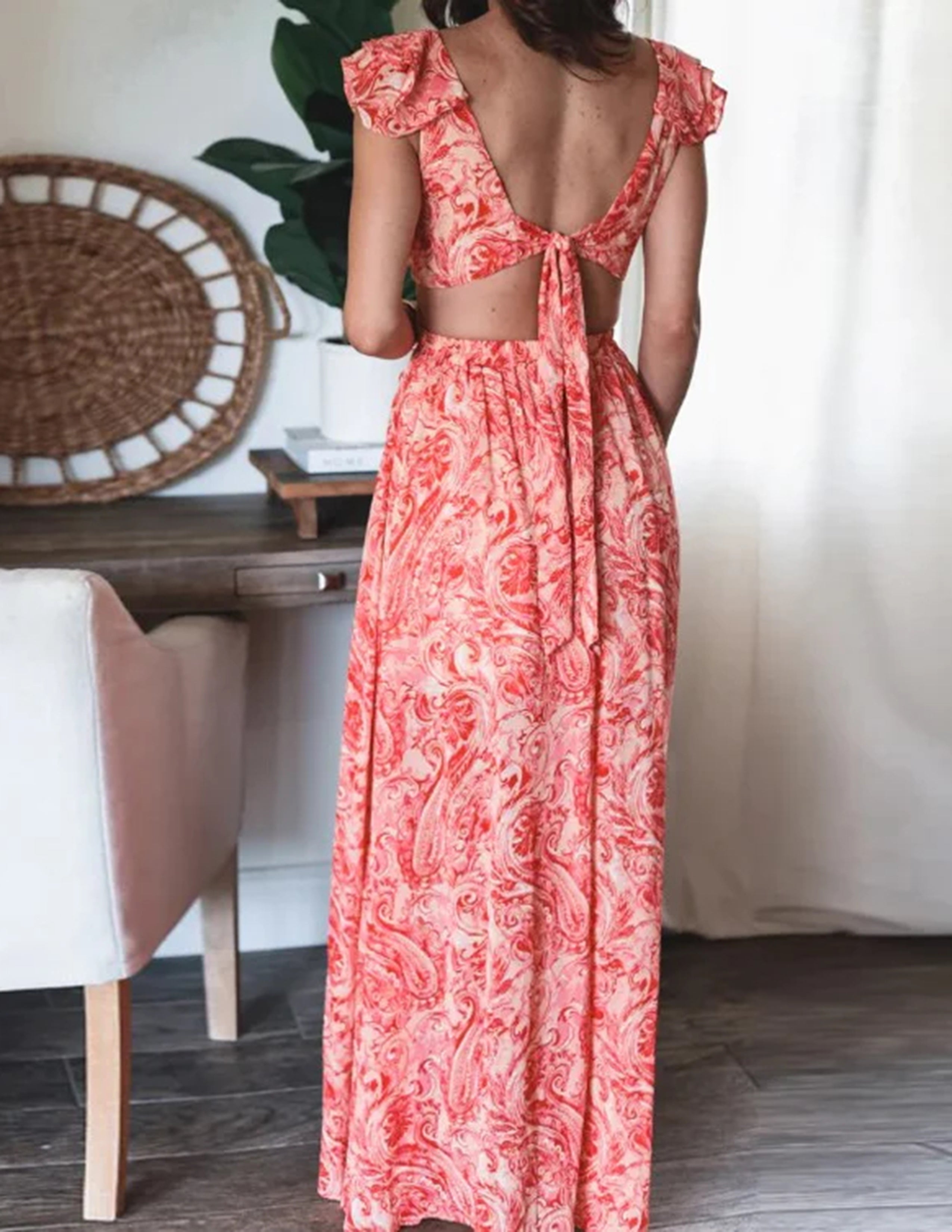 Butterfly Sleeve Print Ruffle Slit Dress Newgew Dresses