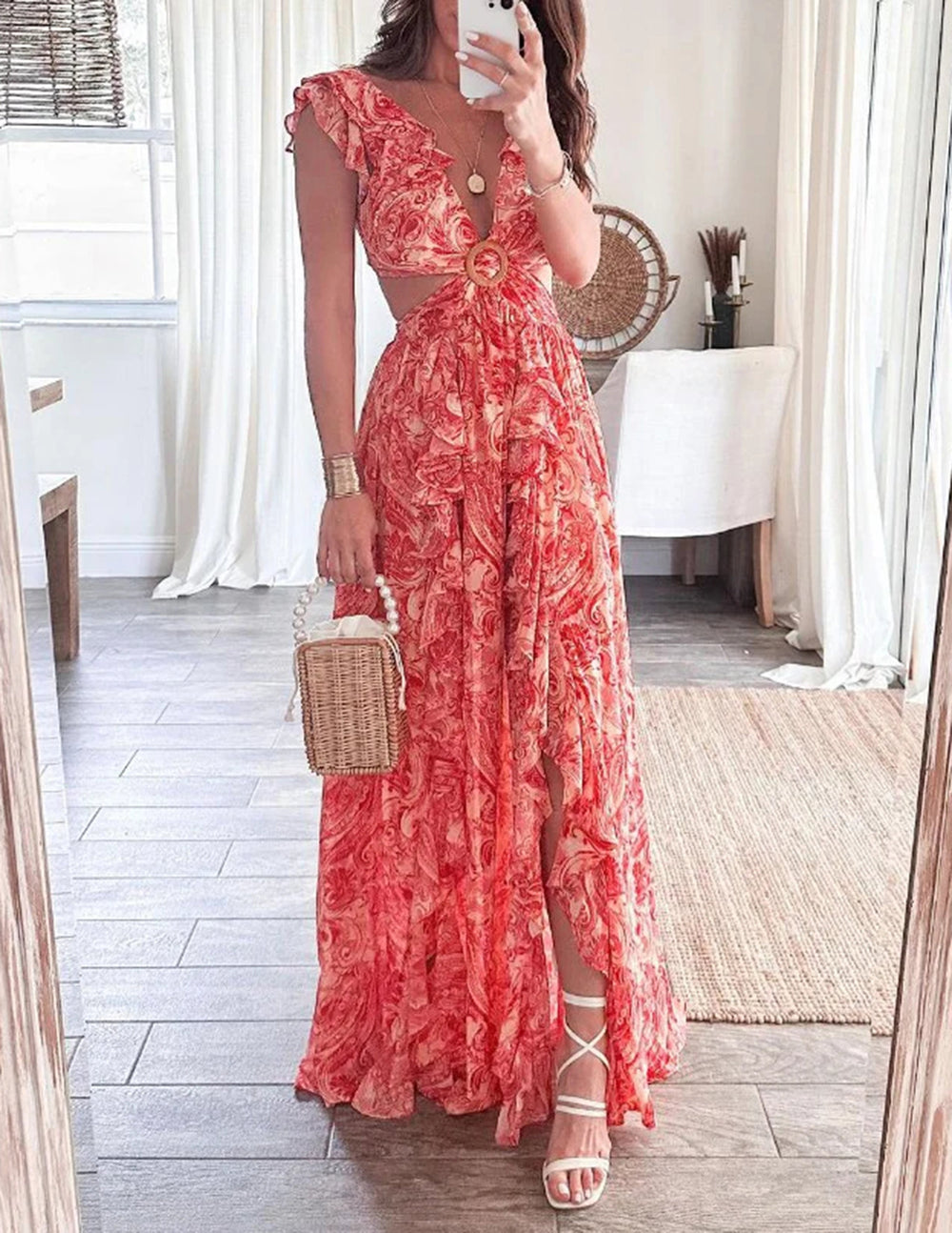 Butterfly Sleeve Print Ruffle Slit Dress Newgew Dresses
