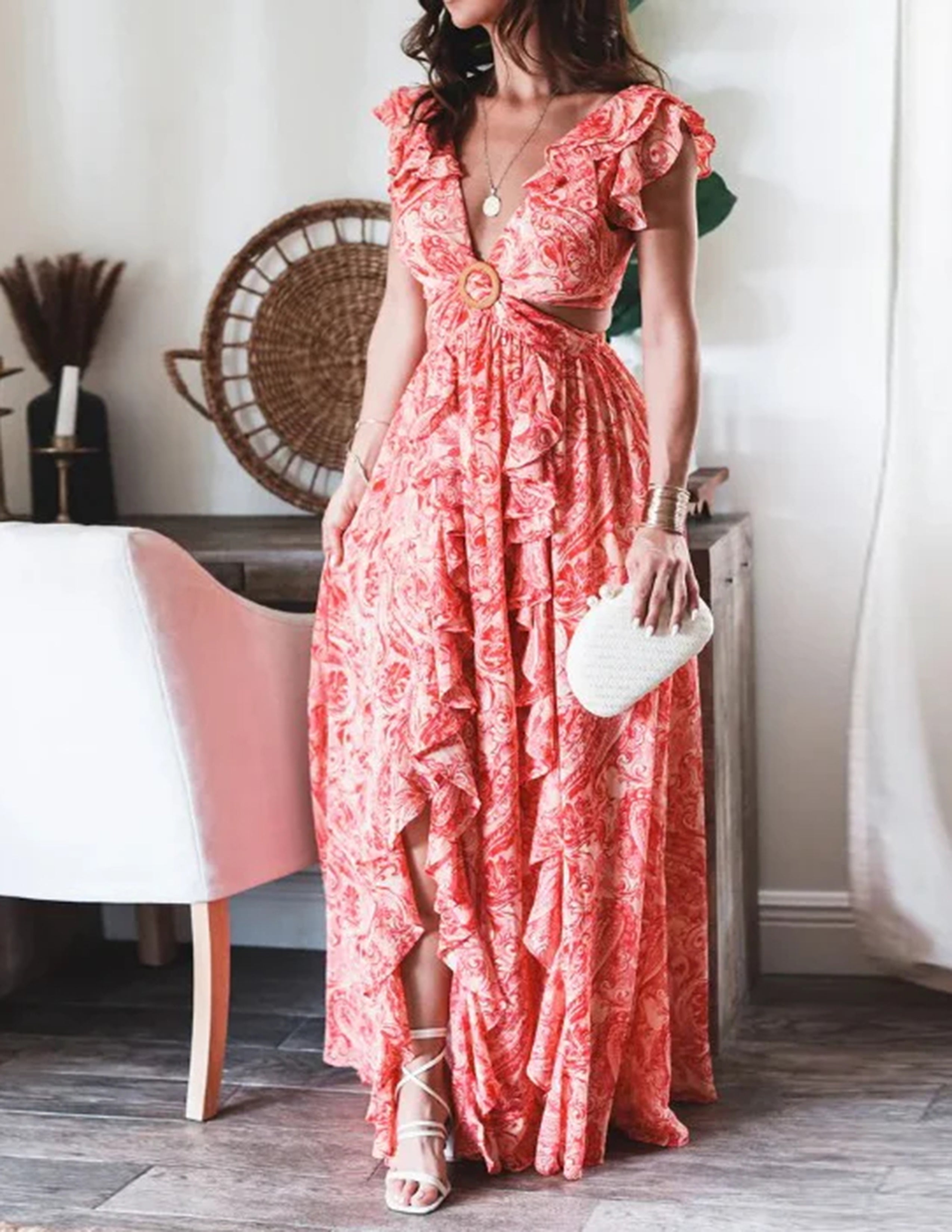 Butterfly Sleeve Print Ruffle Slit Dress Newgew Dresses