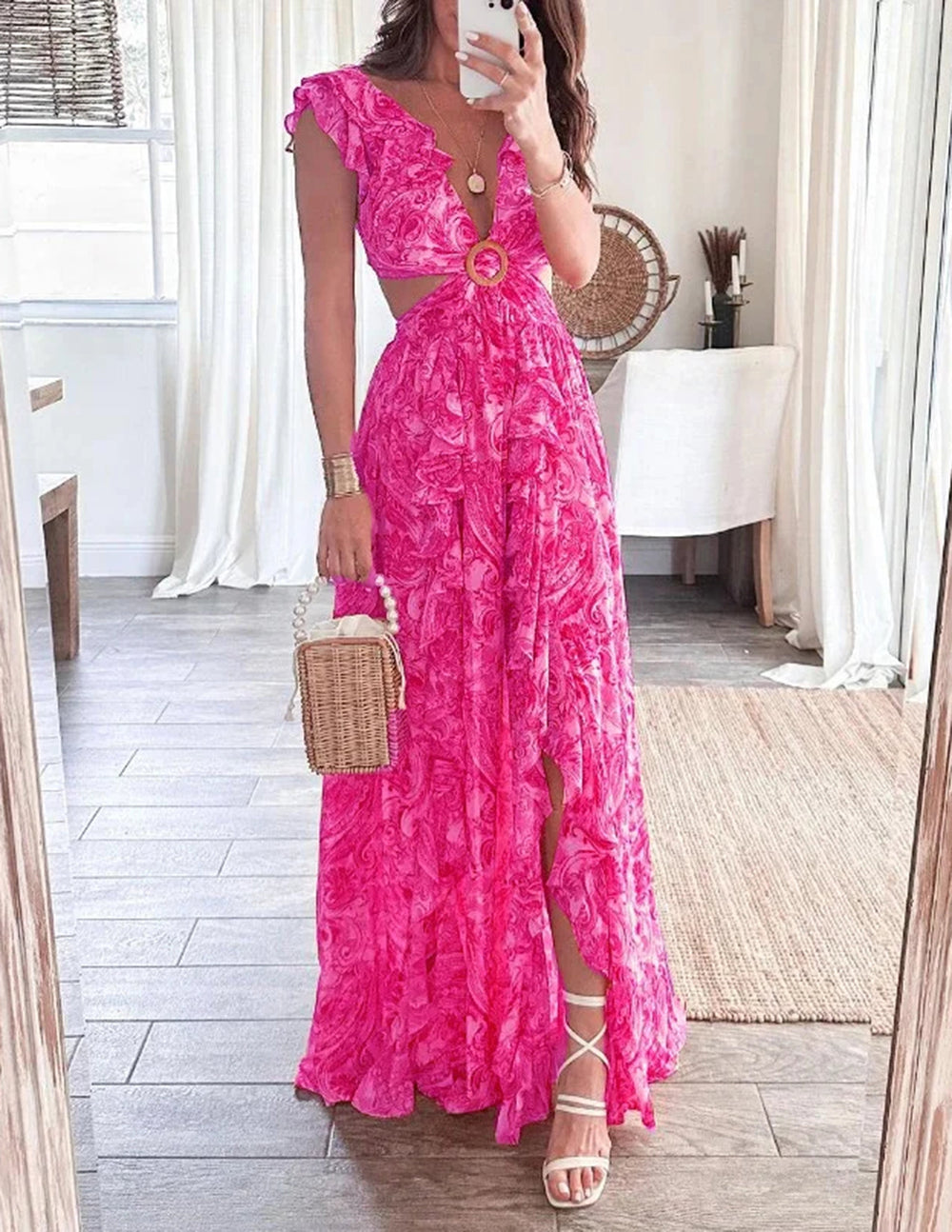 Butterfly Sleeve Print Ruffle Slit Dress Newgew Dresses