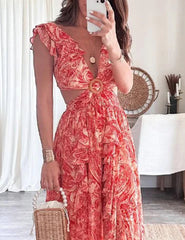 Butterfly Sleeve Print Ruffle Slit Dress Newgew Dresses