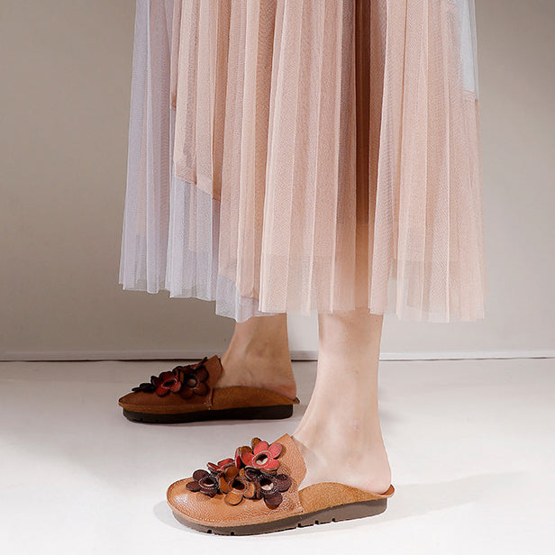 Chic Comfy Flats Leather Slippers With Flower Accents Newgew Shoes