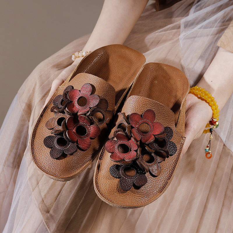 Chic Comfy Flats Leather Slippers With Flower Accents Newgew Shoes