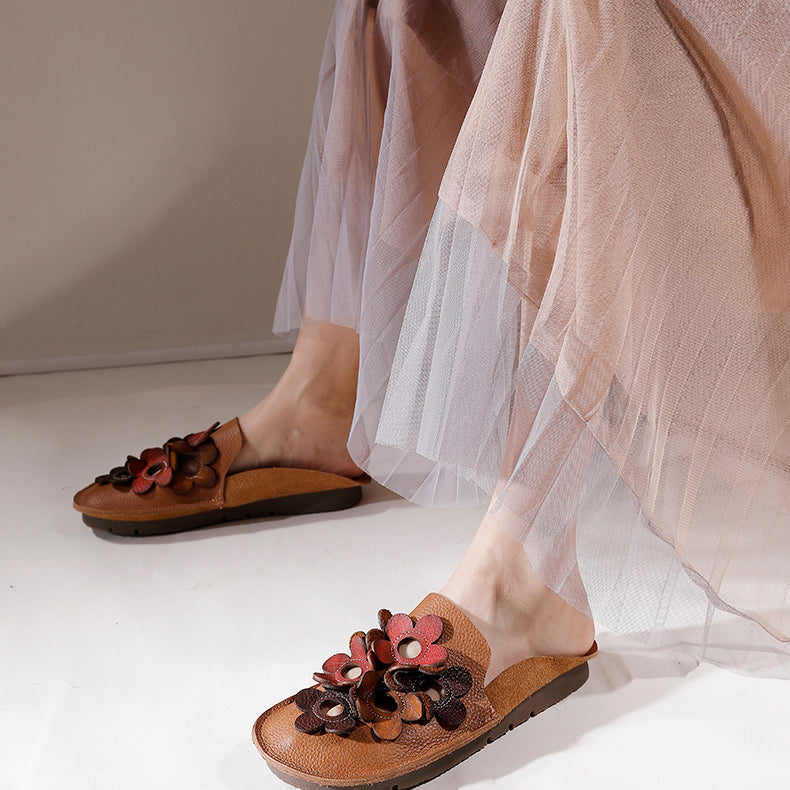 Chic Comfy Flats Leather Slippers With Flower Accents Newgew Shoes
