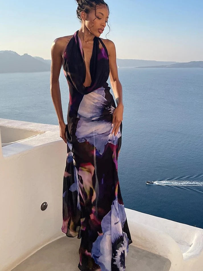 Low Back Halter Neck Floral-Print Mesh Maxi Dress Newgew Dresses
