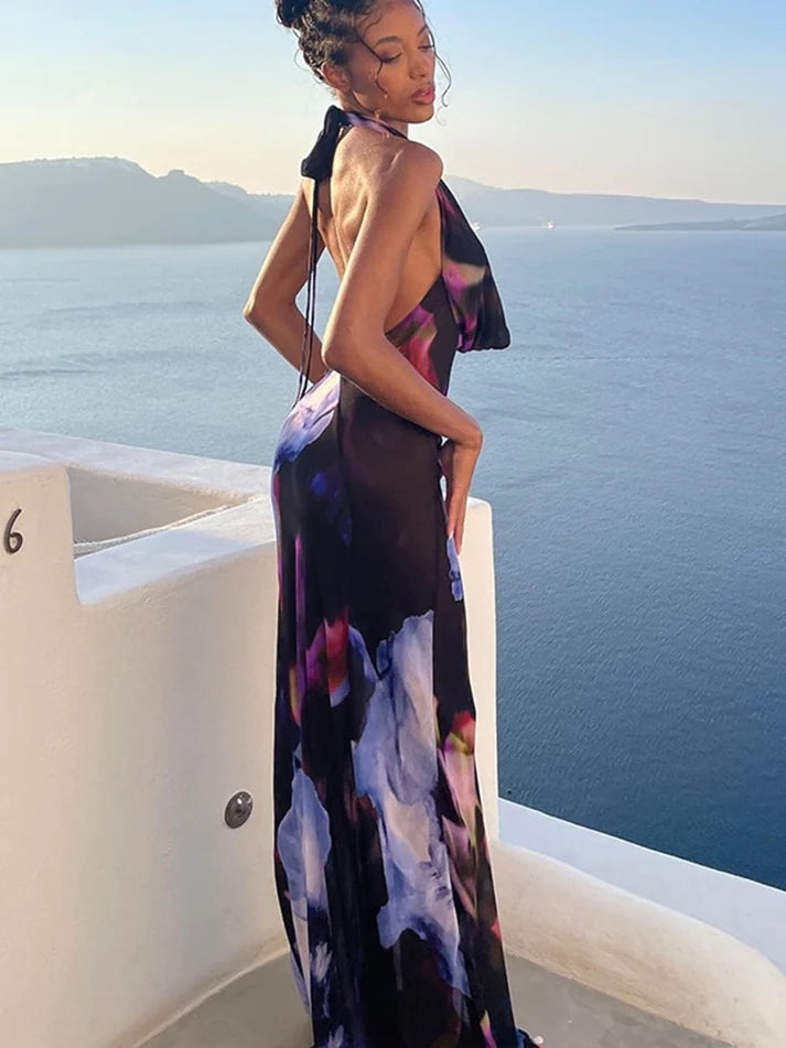 Low Back Halter Neck Floral-Print Mesh Maxi Dress Newgew Dresses