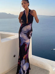 Low Back Halter Neck Floral-Print Mesh Maxi Dress Newgew Dresses