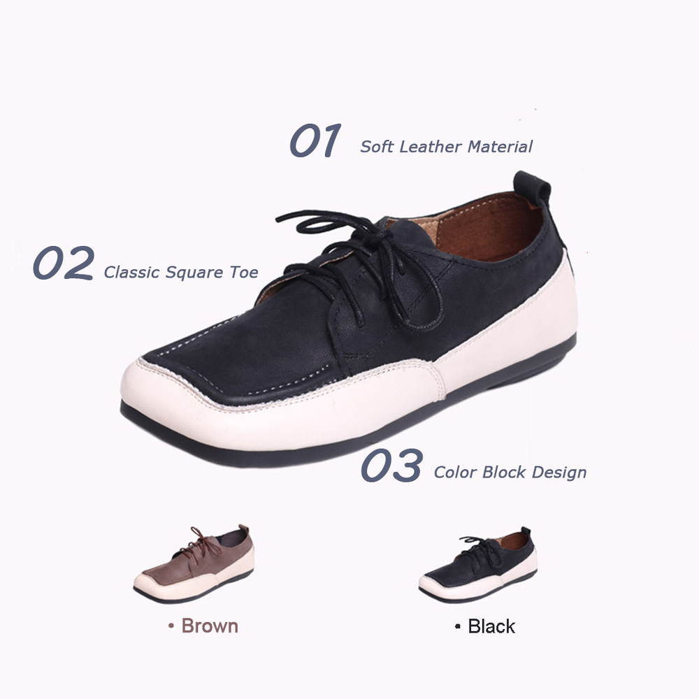 Color Block Square Toe Lace Up Flat Shoes Newgew Shoes