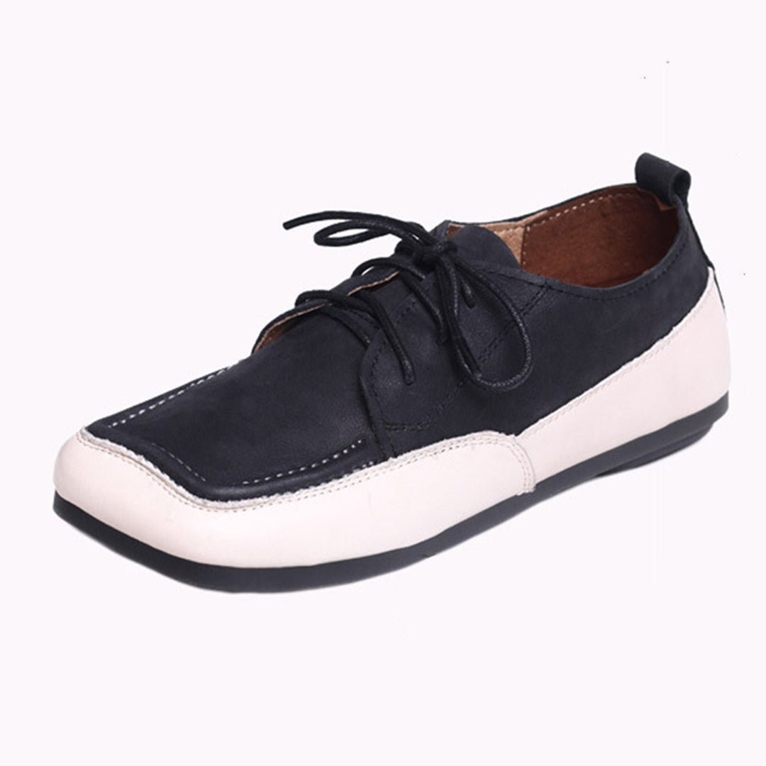 Color Block Square Toe Lace Up Flat Shoes Newgew Shoes