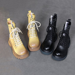 Cowhide Mid-calf Platform Lace-up Knight Boots Newgew Shoes