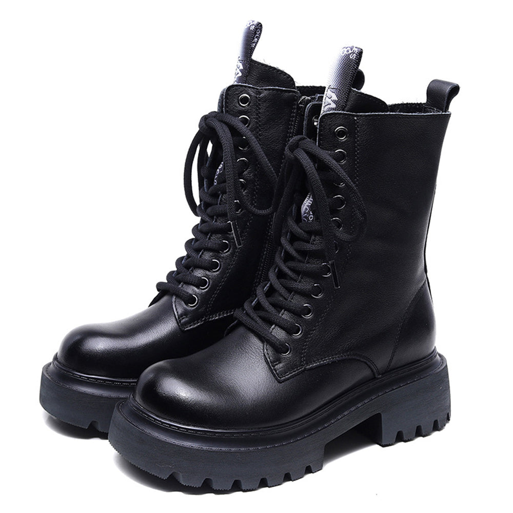 Cowhide Mid-calf Platform Lace-up Knight Boots Newgew Shoes