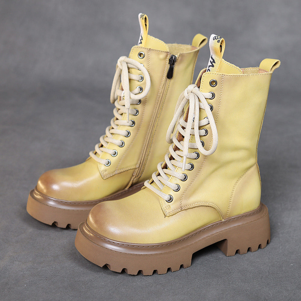 Cowhide Mid-calf Platform Lace-up Knight Boots Newgew Shoes