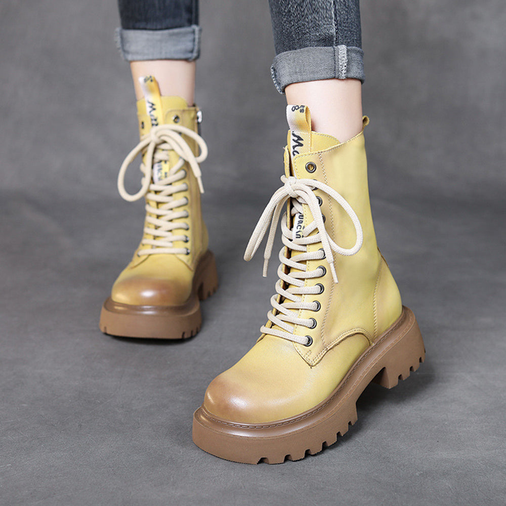 Cowhide Mid-calf Platform Lace-up Knight Boots Newgew Shoes