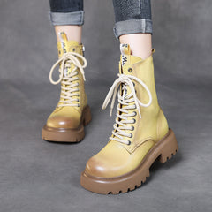 Cowhide Mid-calf Platform Lace-up Knight Boots Newgew Shoes