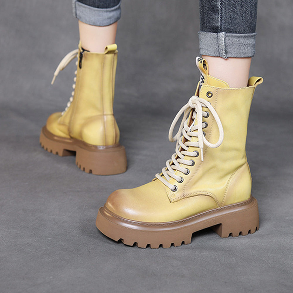Cowhide Mid-calf Platform Lace-up Knight Boots Newgew Shoes