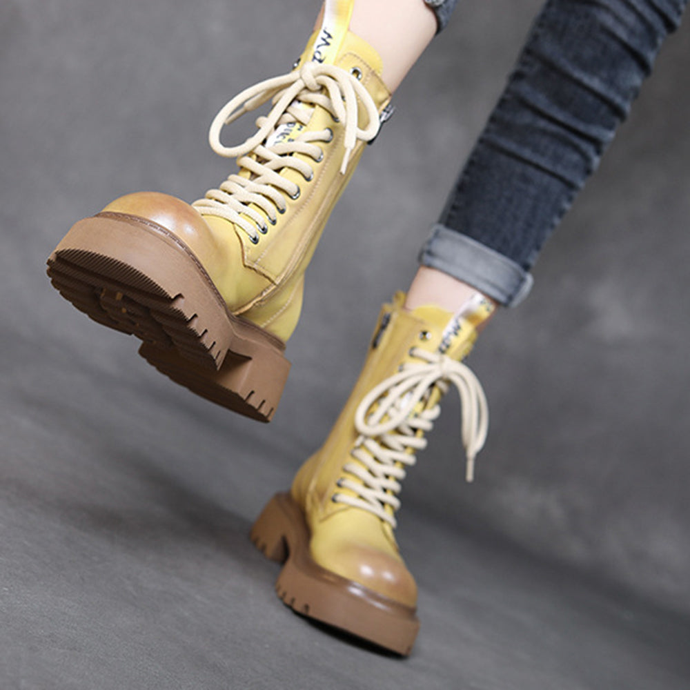 Cowhide Mid-calf Platform Lace-up Knight Boots Newgew Shoes