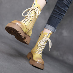 Cowhide Mid-calf Platform Lace-up Knight Boots Newgew Shoes