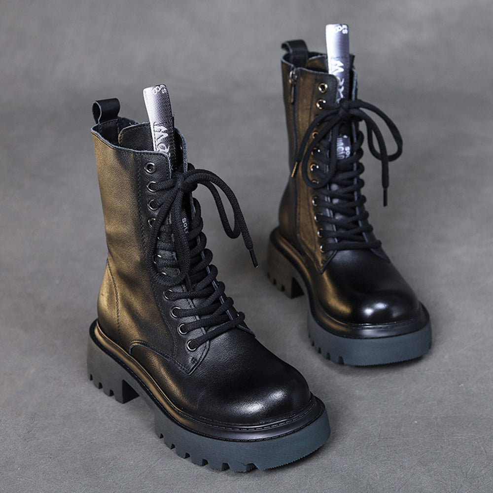 Cowhide Mid-calf Platform Lace-up Knight Boots Newgew Shoes