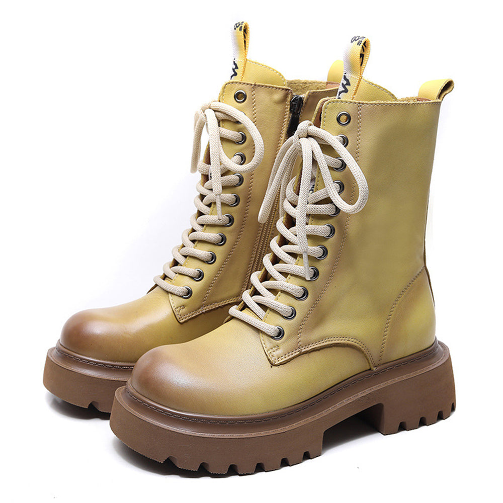 Cowhide Mid-calf Platform Lace-up Knight Boots Newgew Shoes