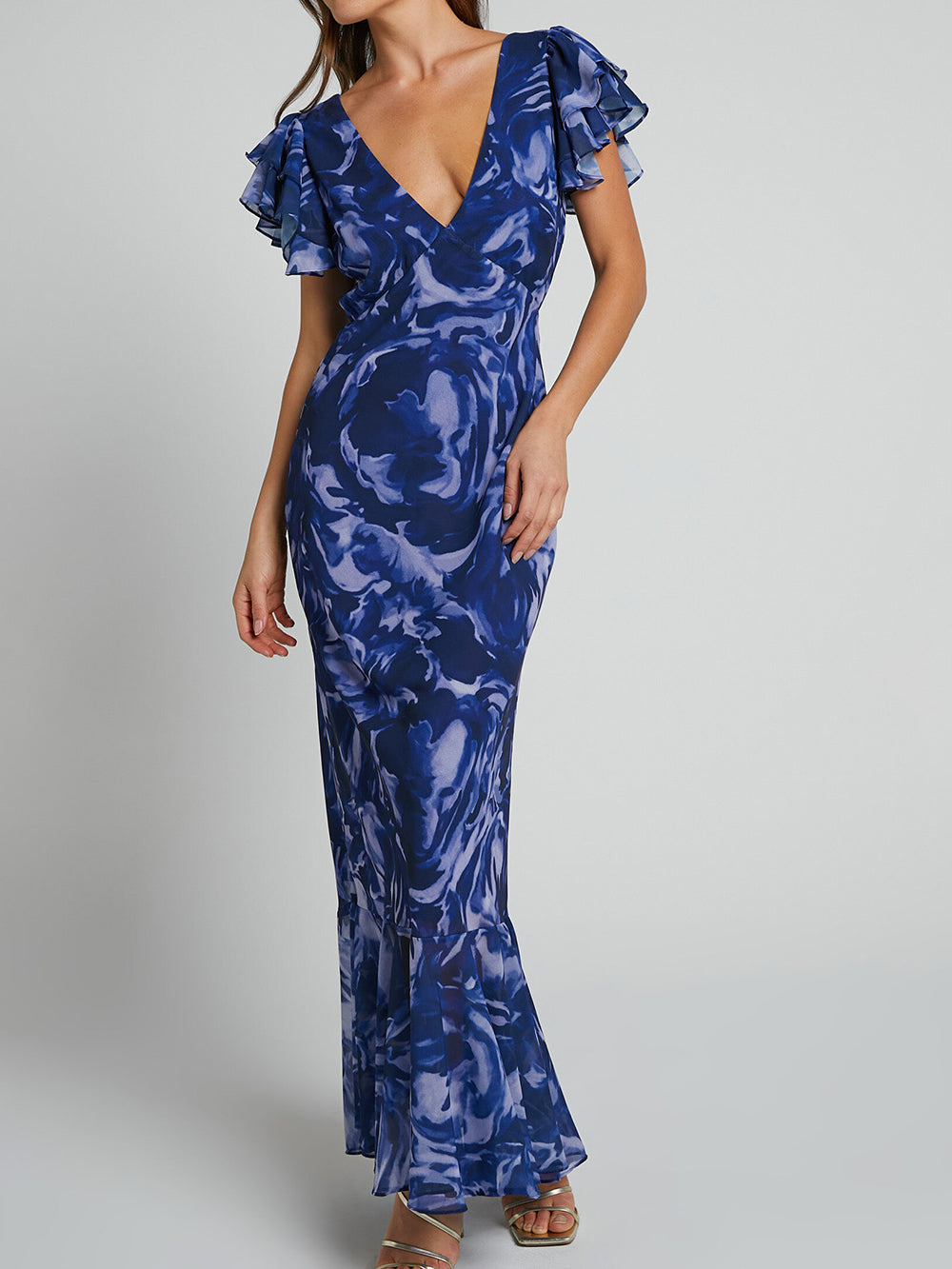 V Neck Flutter Sleeve Maxi Dress In Navy Swirl Newgew Dresses