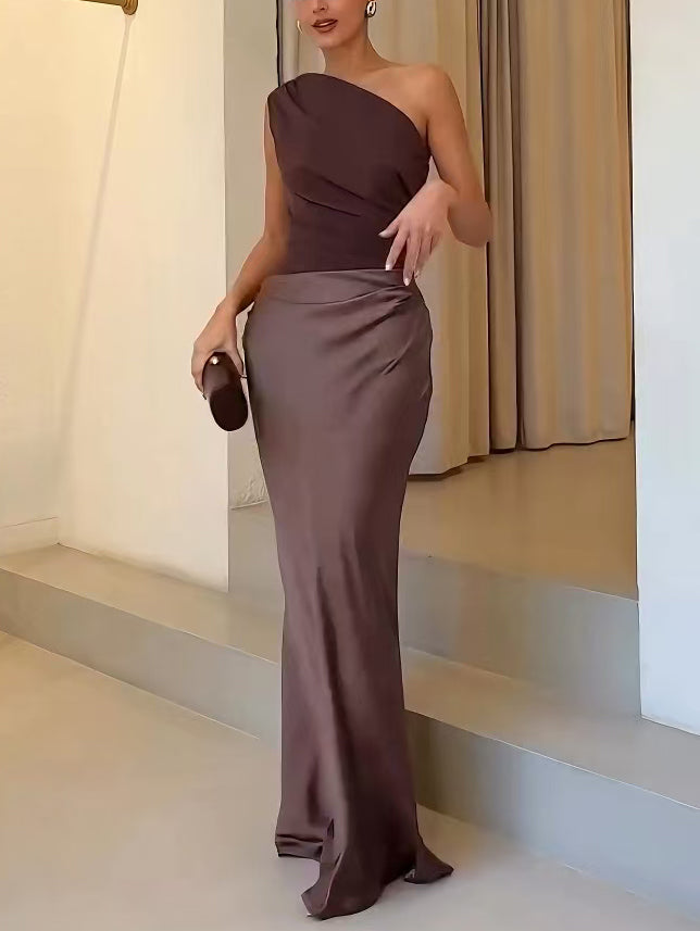 Elegant One Shoulder Neck Pleated Party Maxi Dress Newgew Dresses