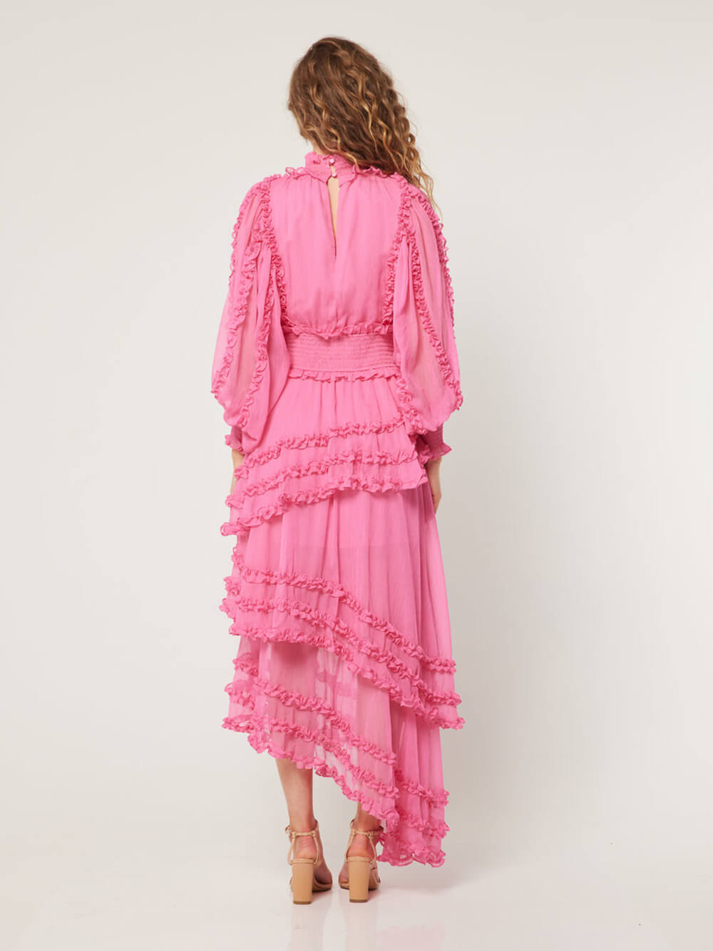 Stand Collar Tierred Ruffles Lantern Sleeve Midi Dress Newgew Dresses