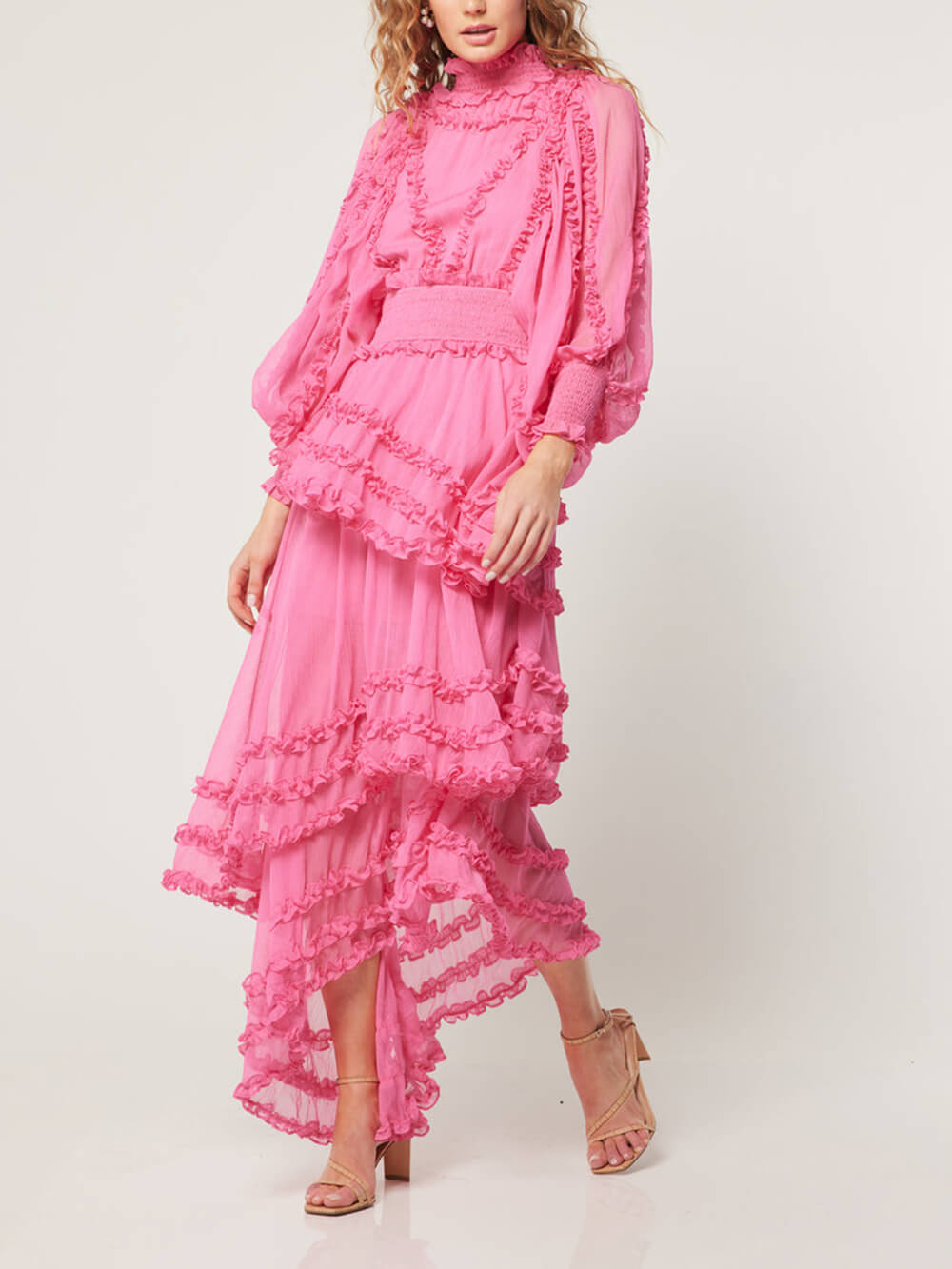 Stand Collar Tierred Ruffles Lantern Sleeve Midi Dress Newgew Dresses